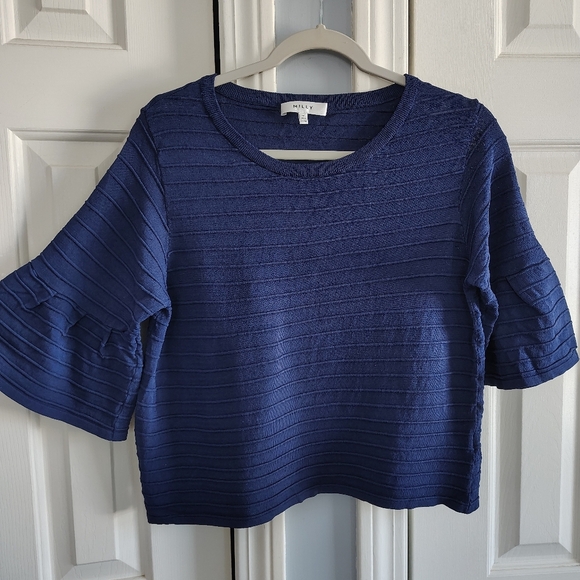 Milly Tops - Milly Navy Ribbed Crew Neck Top W Short Bell Sleeves M